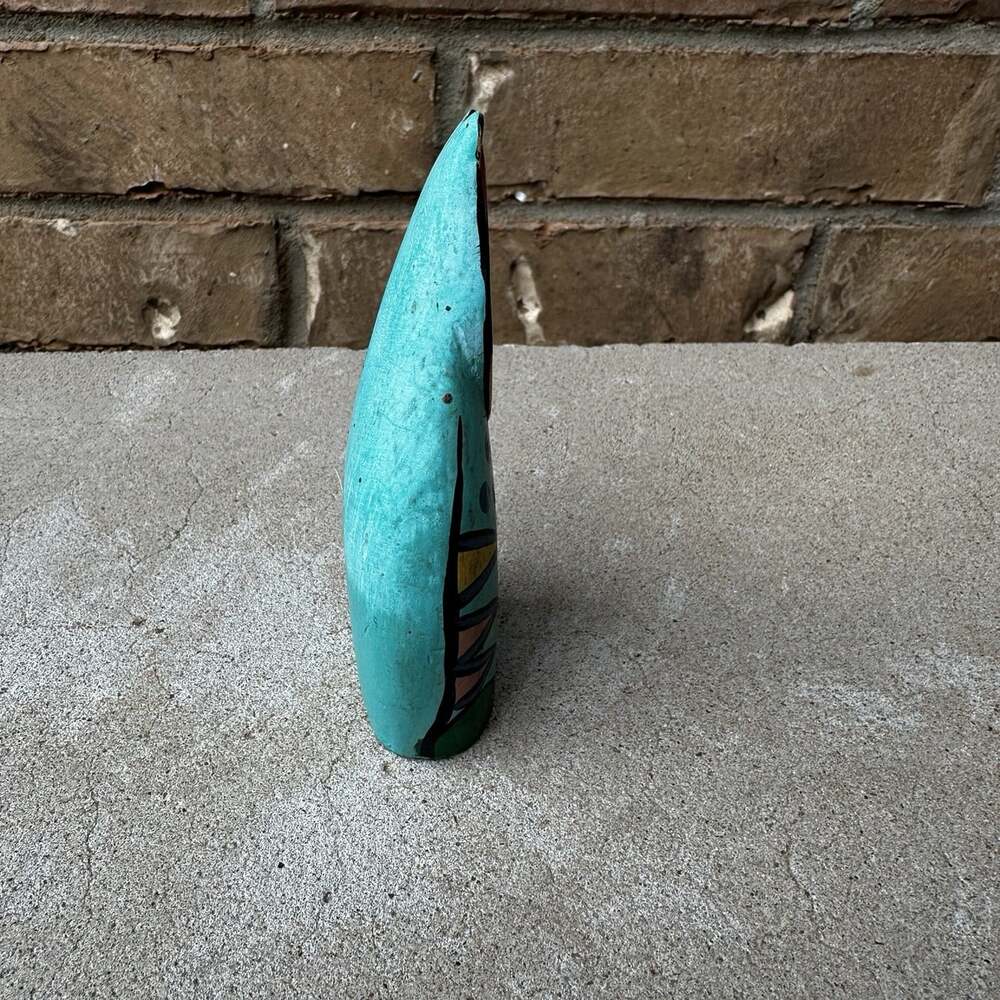 Laurel Burch Style Wood Cat Figurine Carved Hand Painted Turquoise Print Folkart - Picture 4 of 7